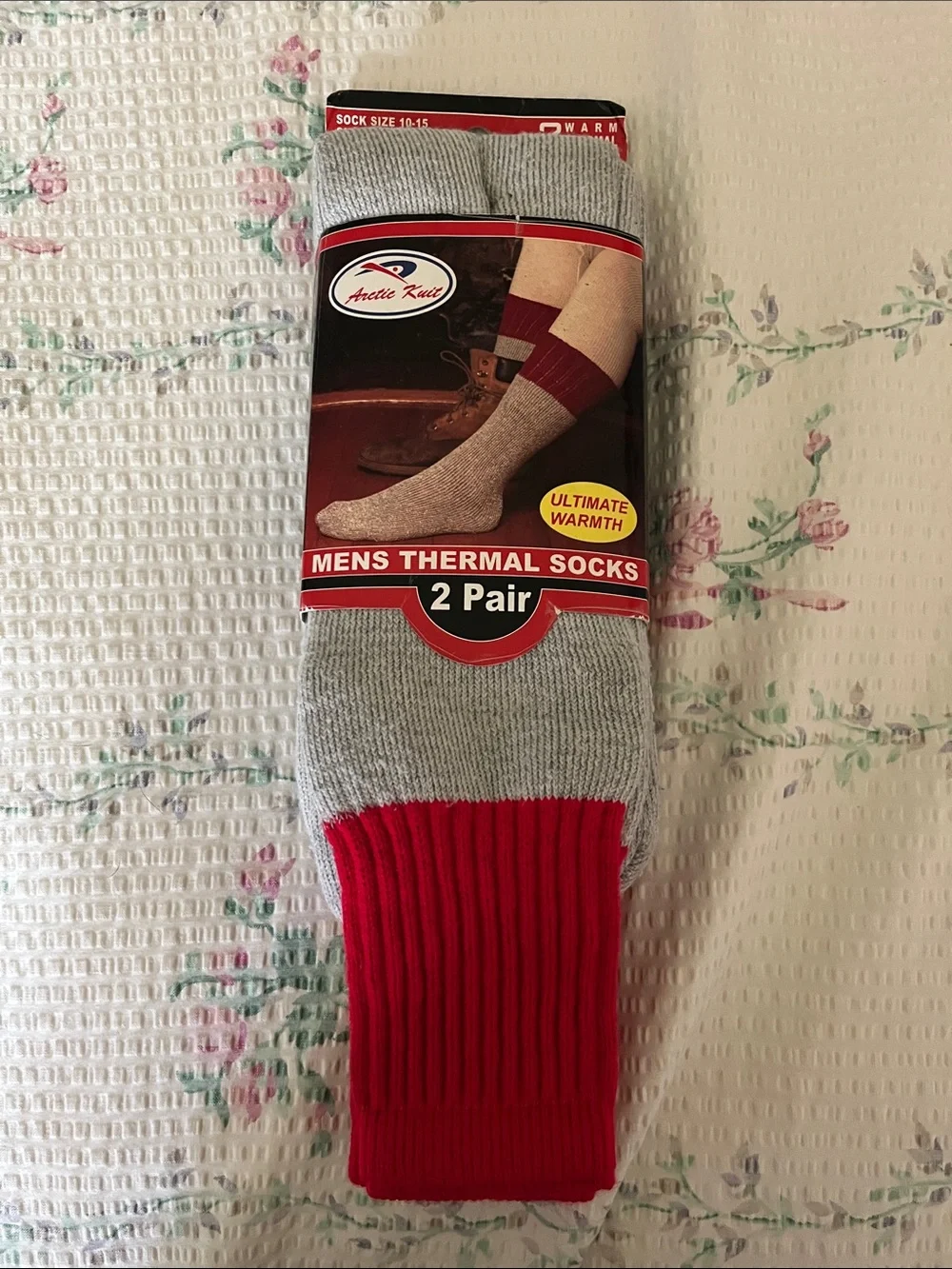 Men's Thermal Crew Socks - Gray with Red Cuff (2 Pair)